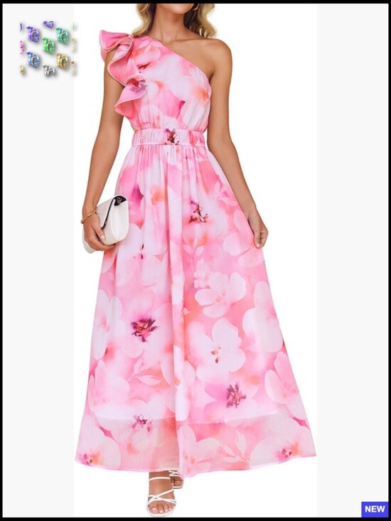 Dresses & Skirts - Floral Maxi Dress Boho Chic One Shoulder Ruffle Sleeveless Wedding Guest